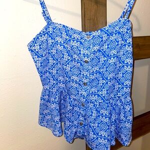 A7 - 365 B JEWEL - Blue and white patterned peplum spaghetti strap top